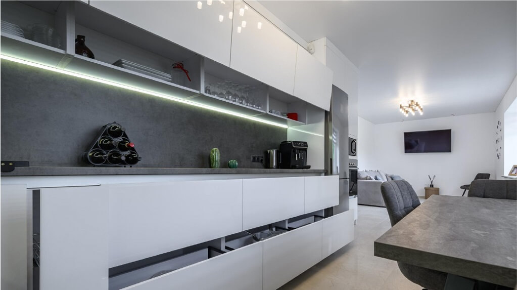 kitchen with white cabinets and black backsplash