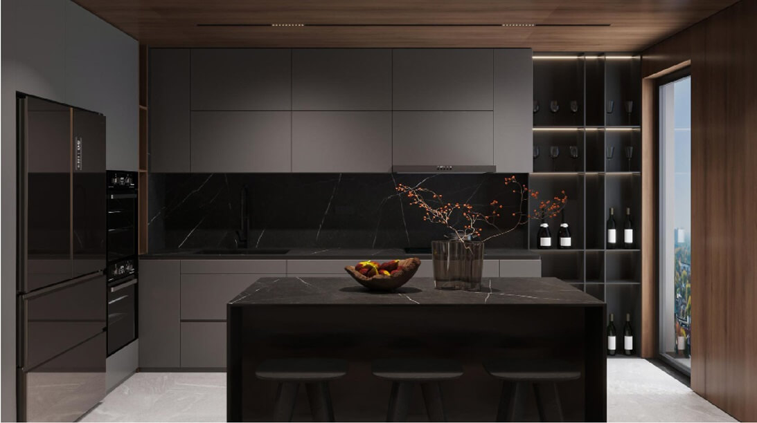 kitchen with black dark cabinetry