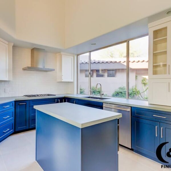 white and blue shaker cabinets