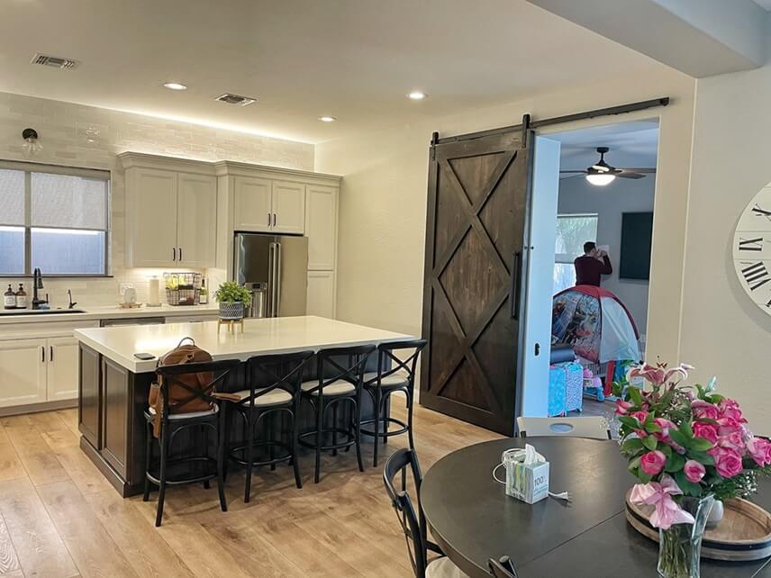 dark wooden sliding door in kitchen