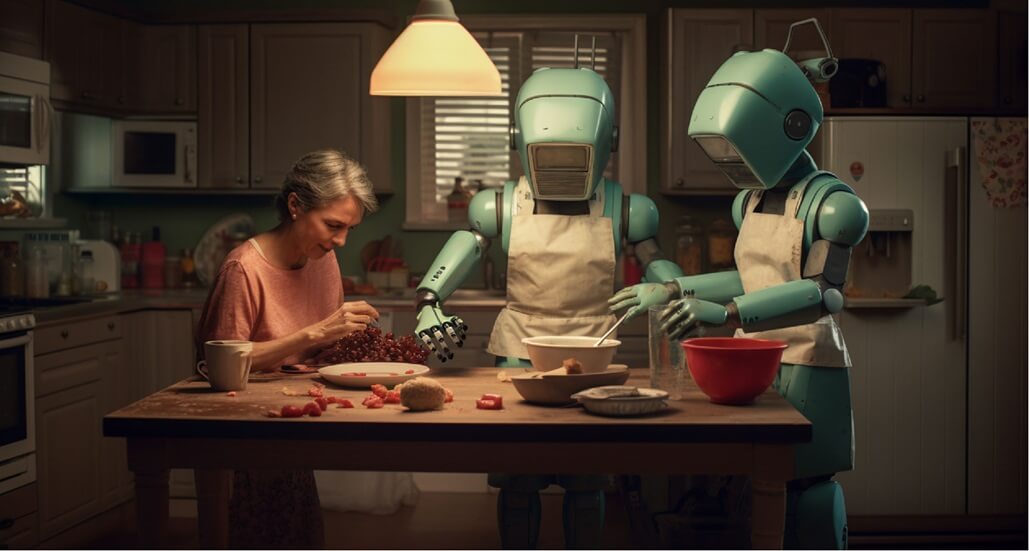 Robots working in kitchen with old women