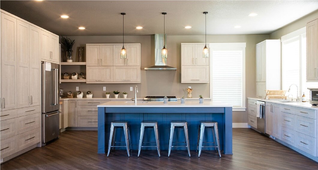 kitchen with blue island